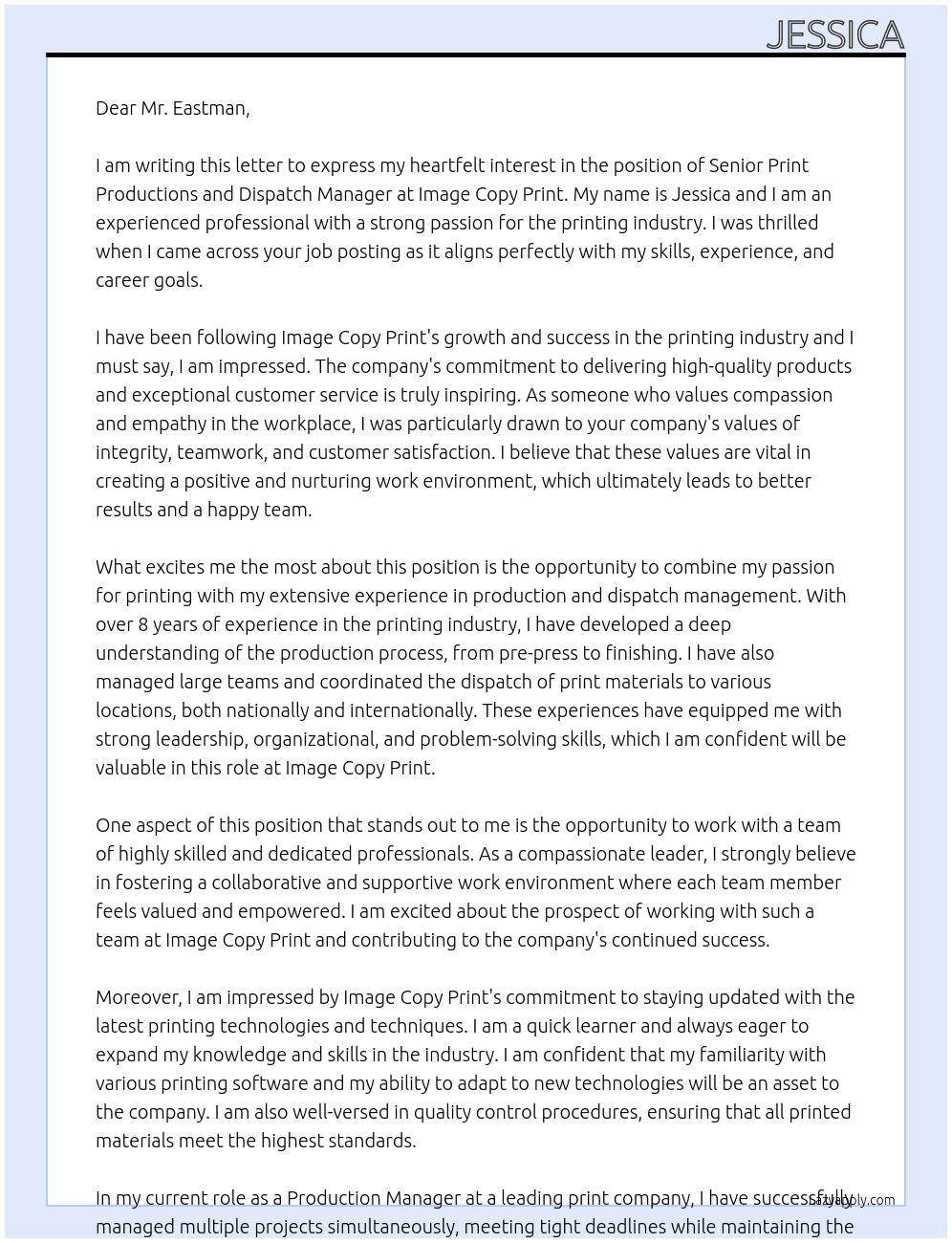 Senior Print productions and dispatch manager At Image Copy Print Cover Letter