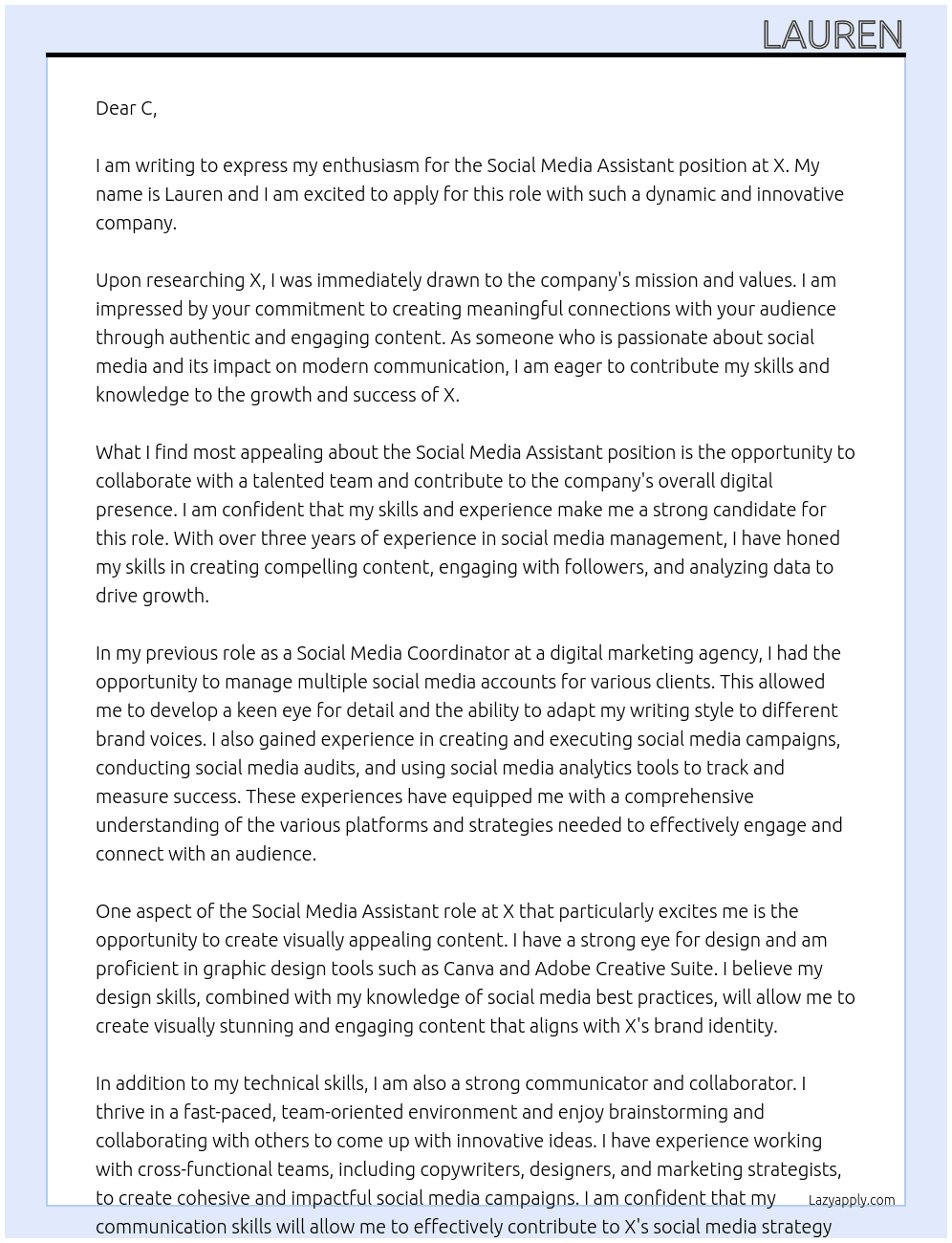 social media assistant At x Cover Letter
