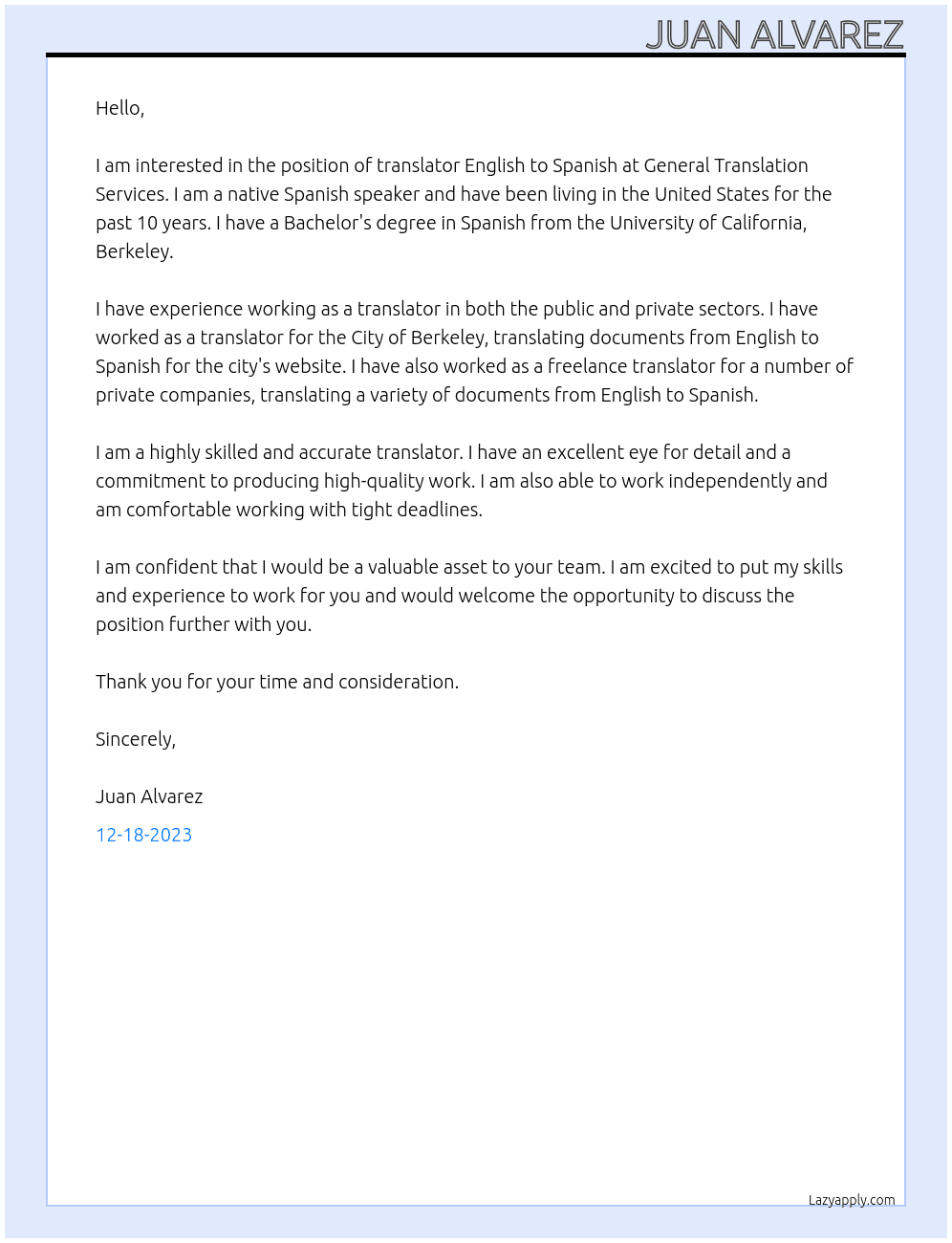 translater English to spanish At General Translation Services Cover Letter