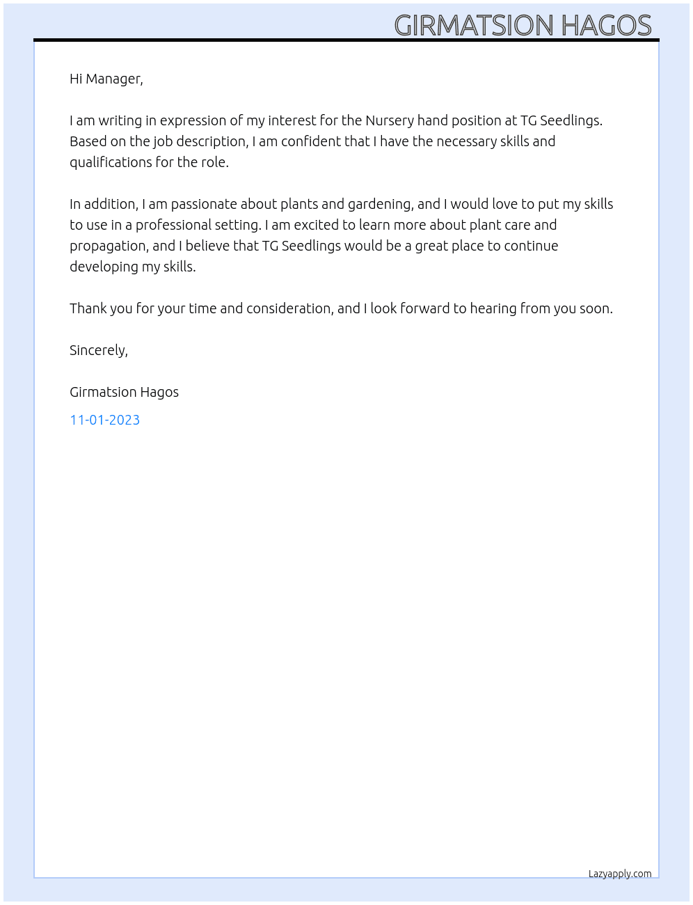 Expression of interest for Nursery hand  At TG Seedlings Cover Letter