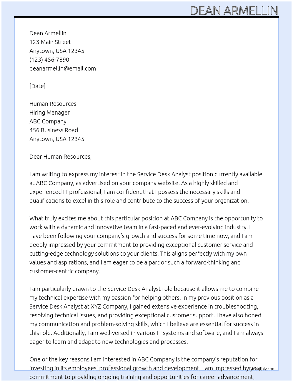 Service Desk Analyst At Hiring Manager Cover Letter