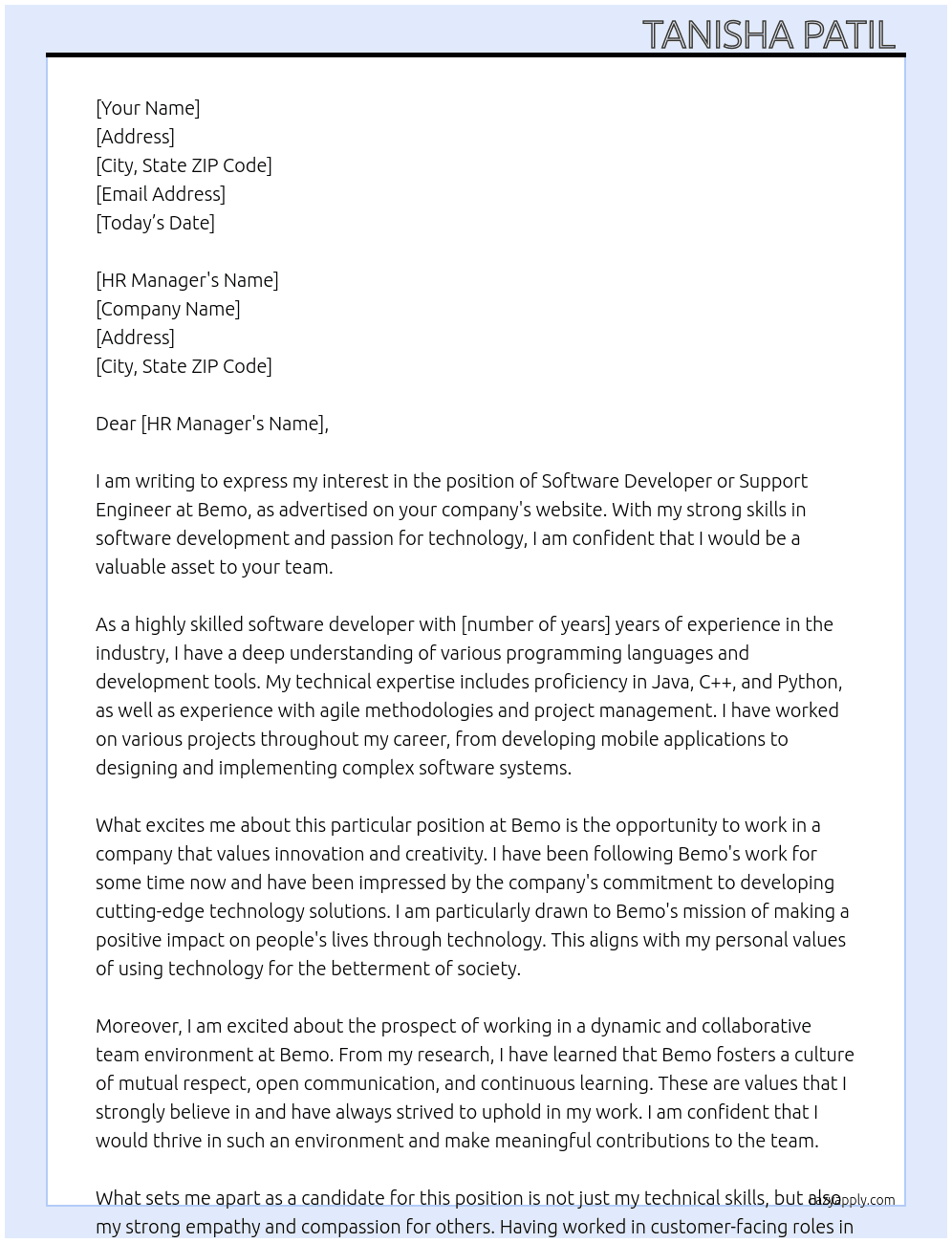 Software developer or support engineer  At Bemo Cover Letter