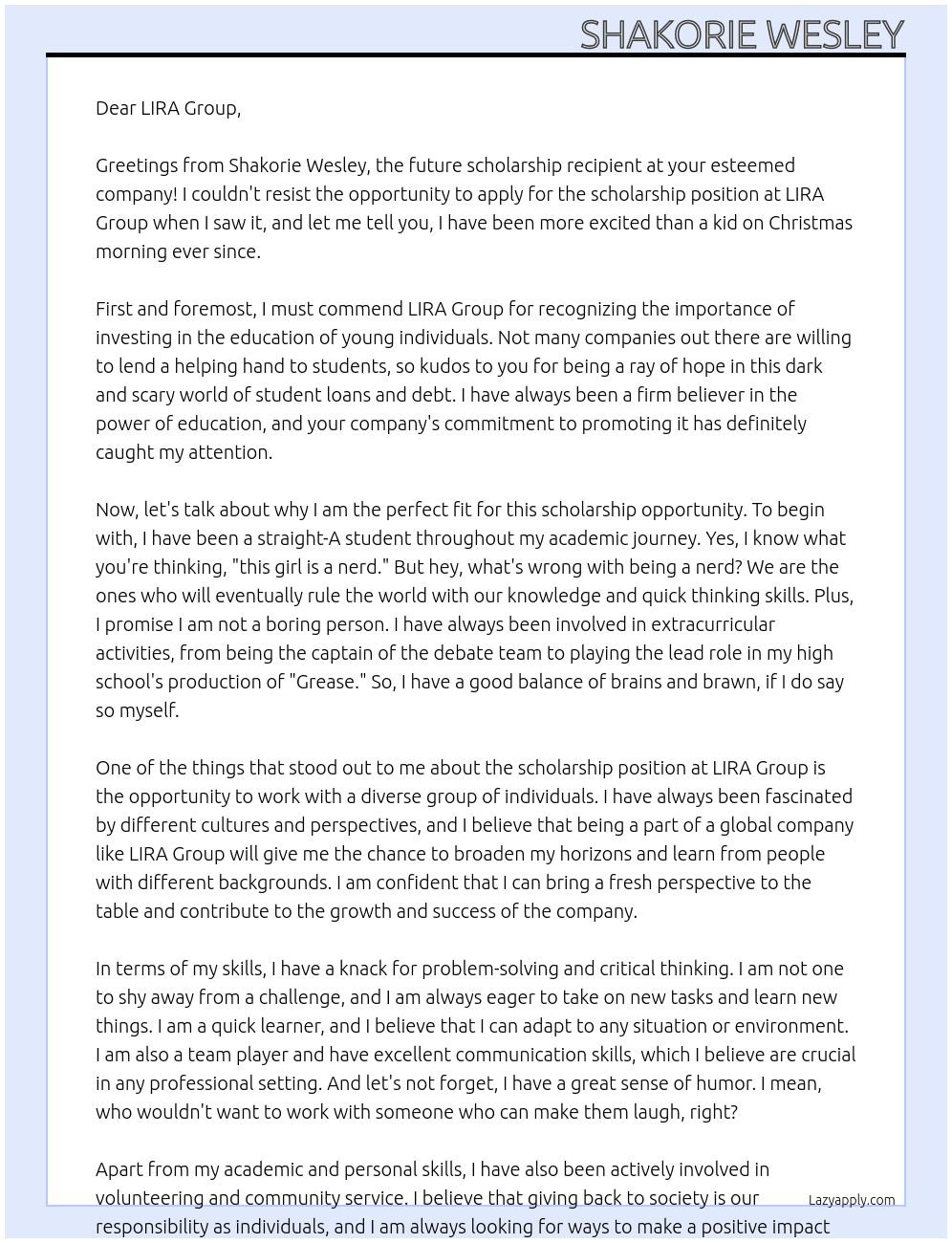 Scholarship At LIRA GROUP Cover Letter