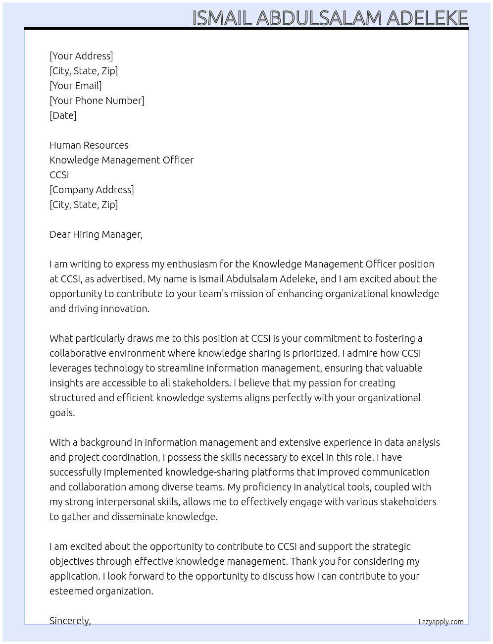knowledge management officer At knowledge management officer Cover Letter