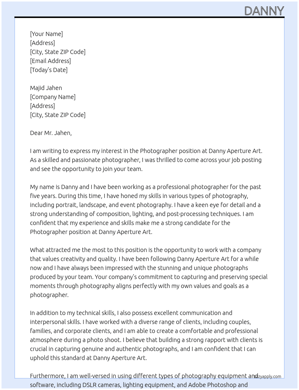 photographer At Danny Aperture Art Cover Letter