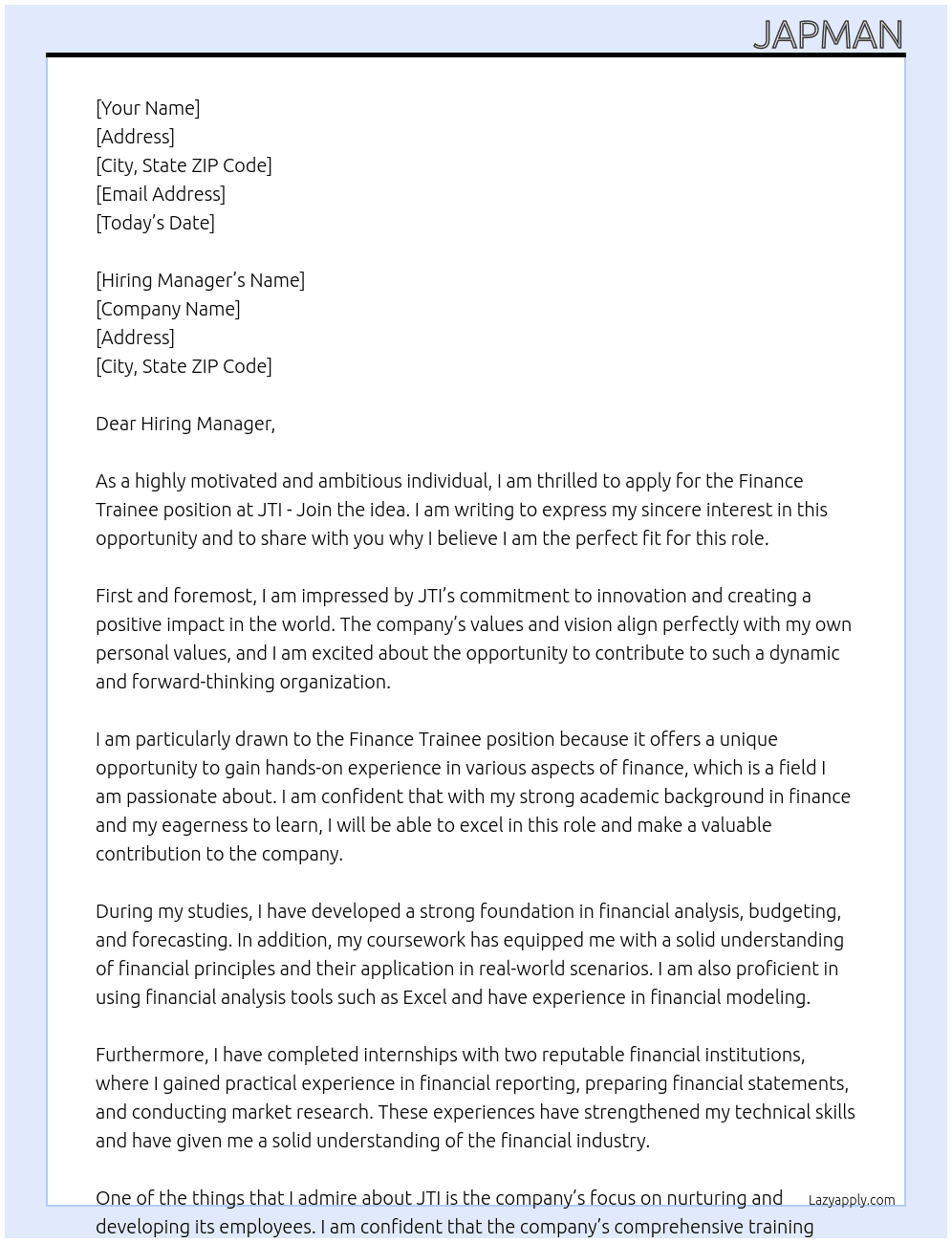 Finance Trainee At JTI - Join the idea Cover Letter