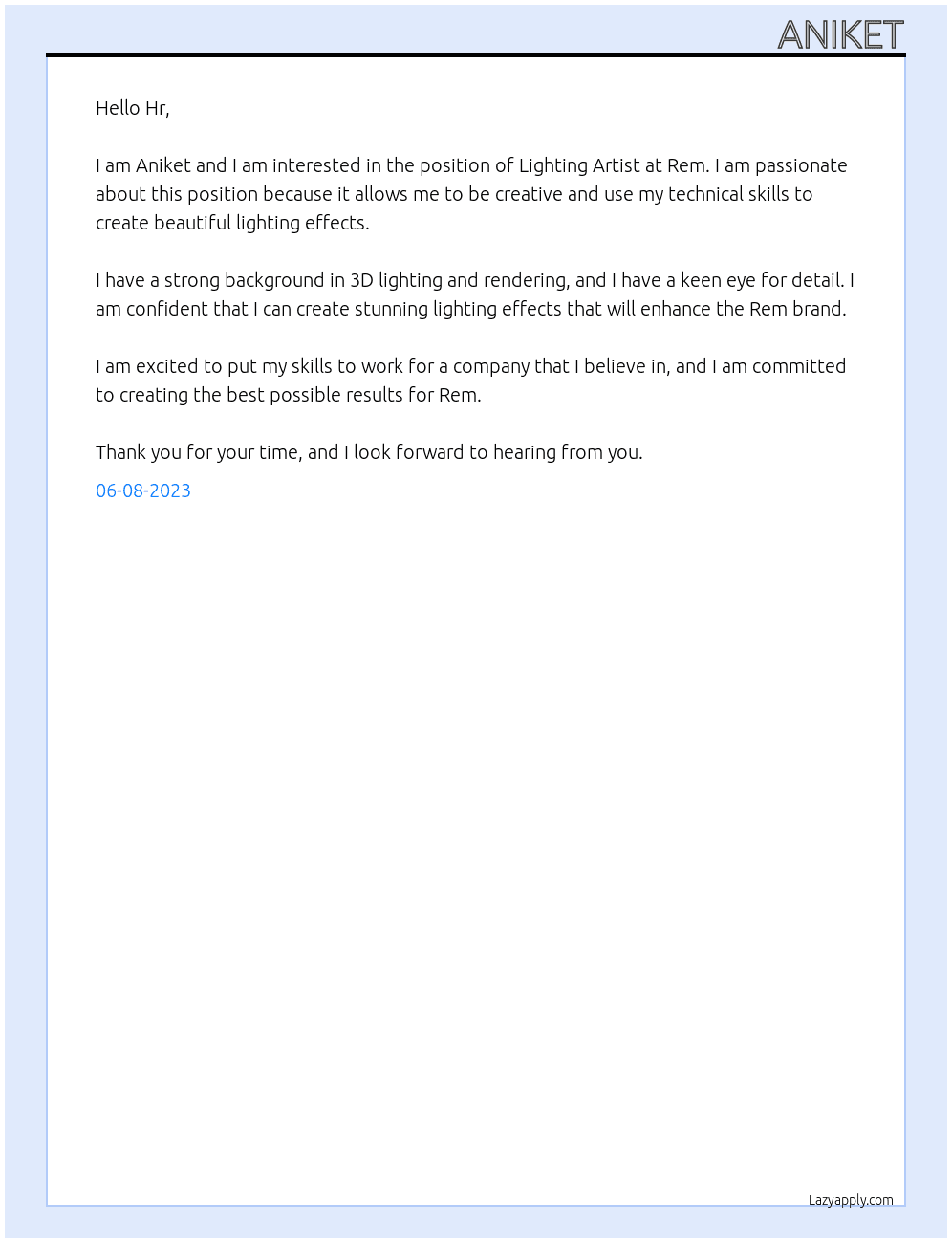 Lighting Artist At Rem Cover Letter