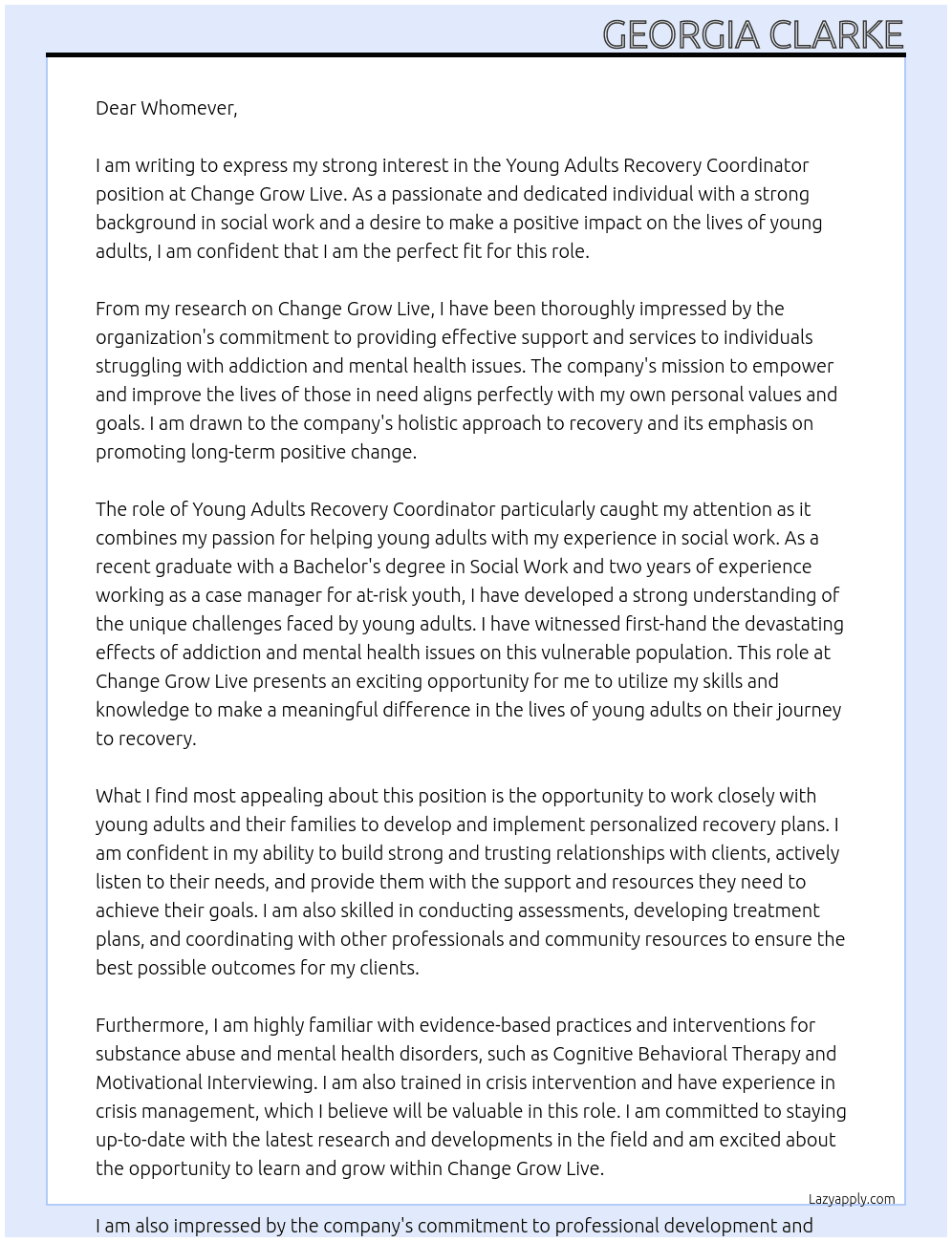 Young adults recovorey coordinator  At Change grow live Cover Letter