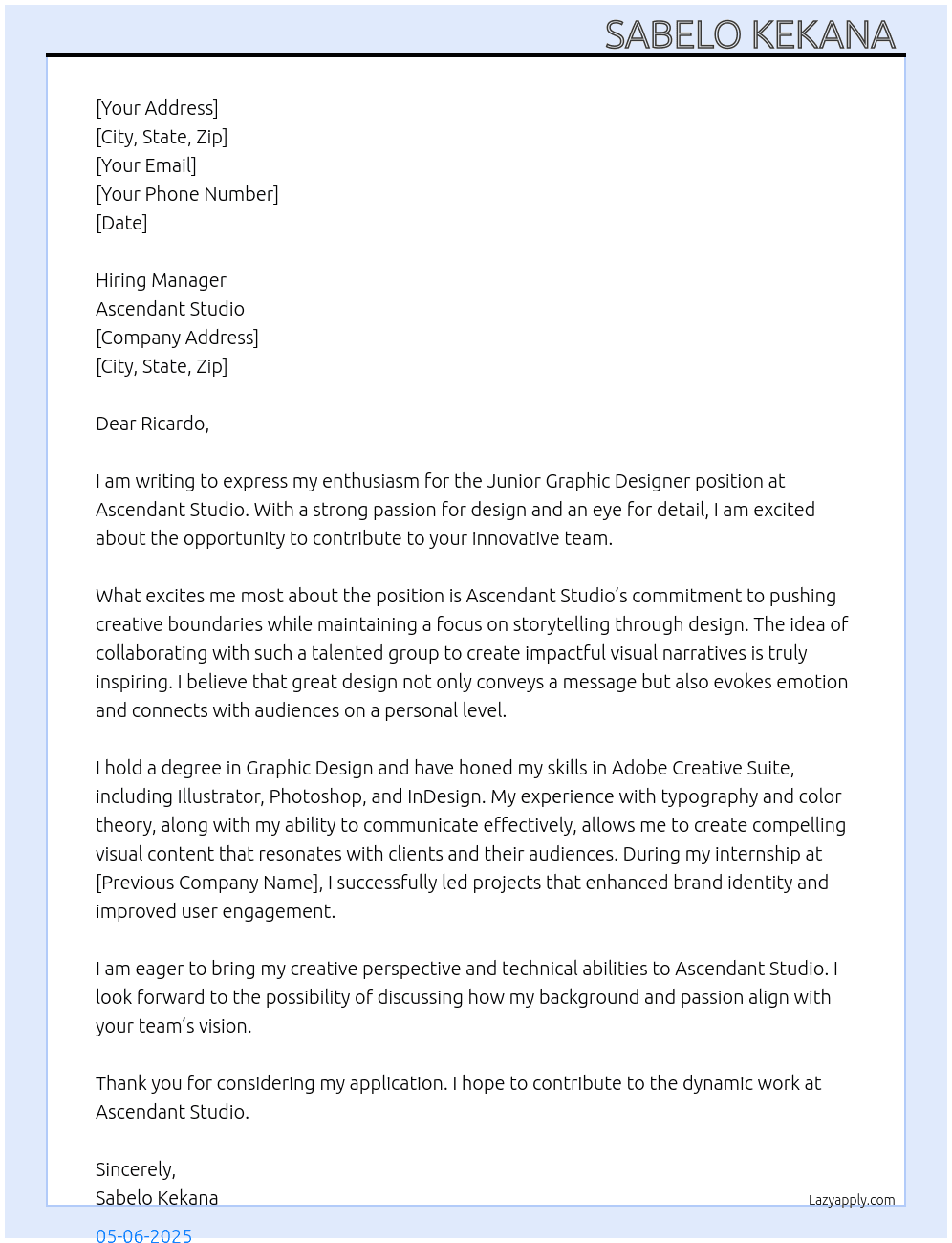 Junior Graphic Designer At Ascendant Studio  Cover Letter
