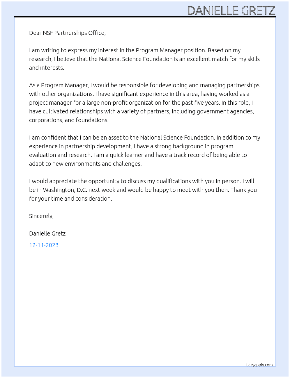 Program Manager At National Science Foundation Cover Letter