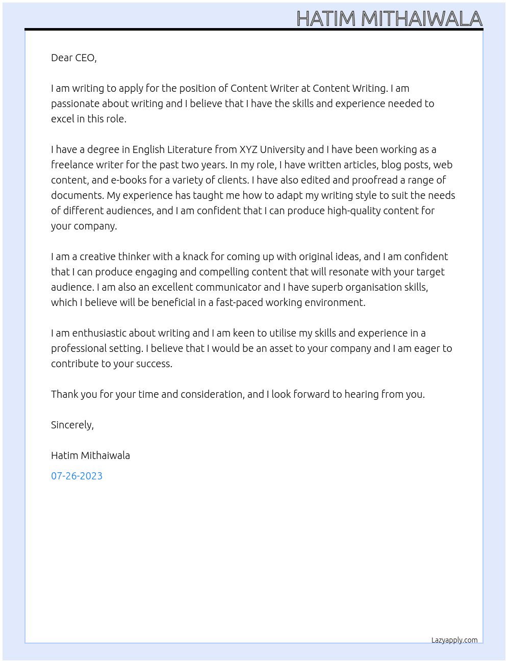 Content writer At Content writing Cover Letter