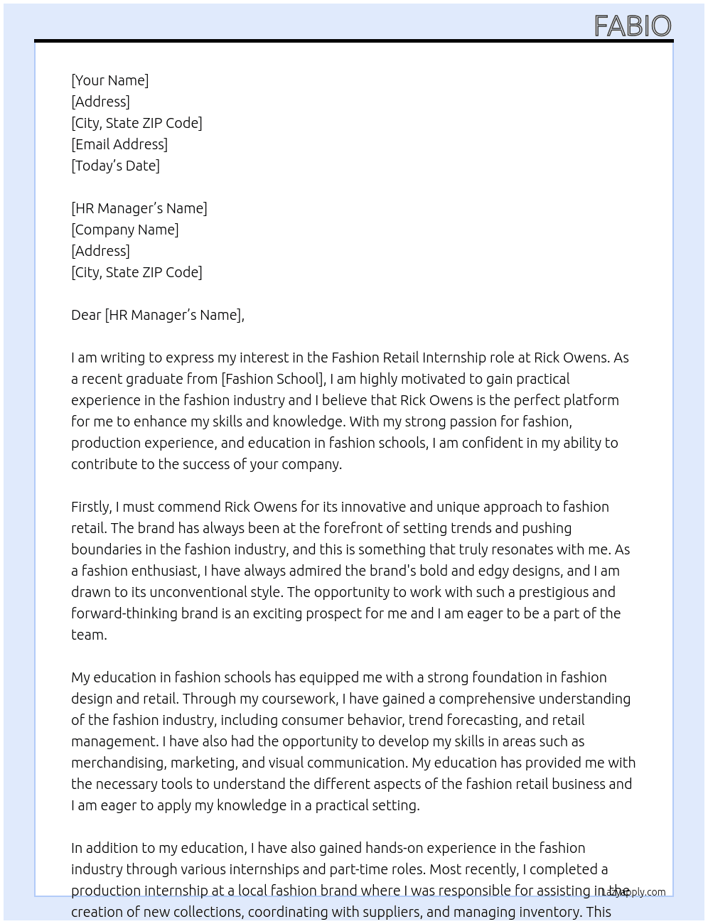 Fashion retail At Rick Owens  Cover Letter