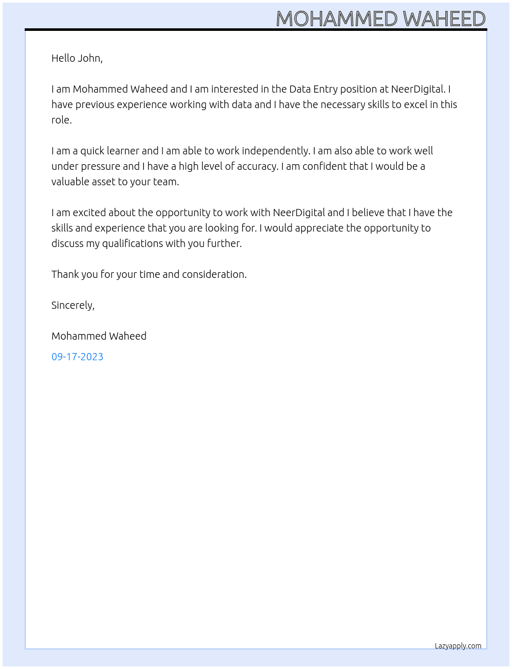Data Entry At NeerDigital Cover Letter