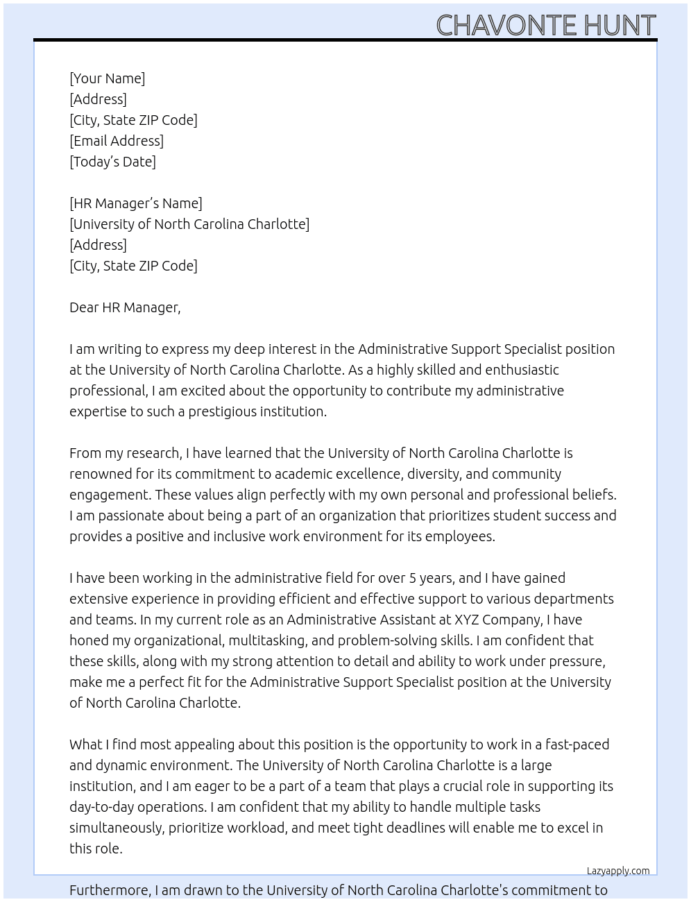 Administrative support specialist  At University of North Carolina Charlotte  Cover Letter