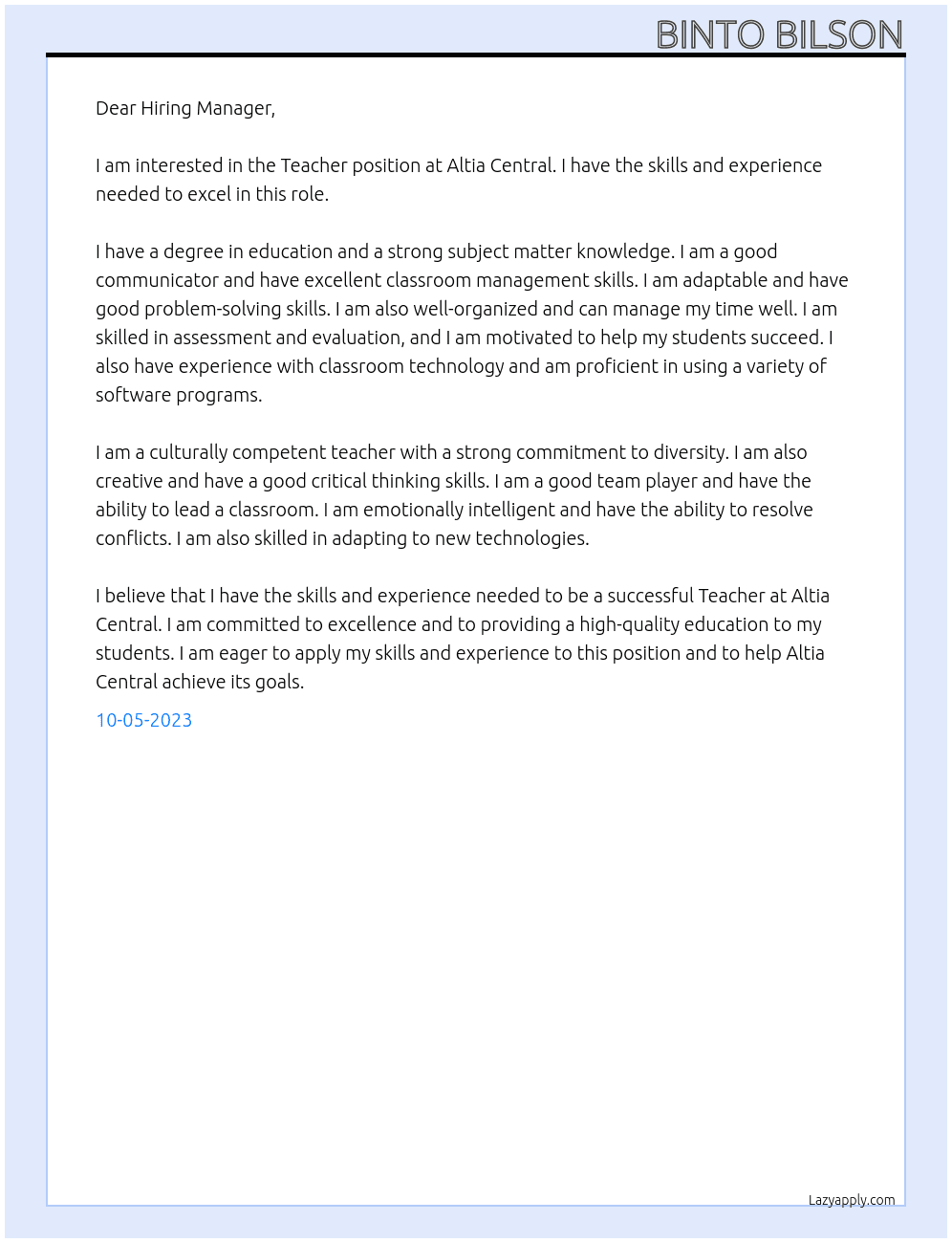 Teacher At Altia Central Cover Letter