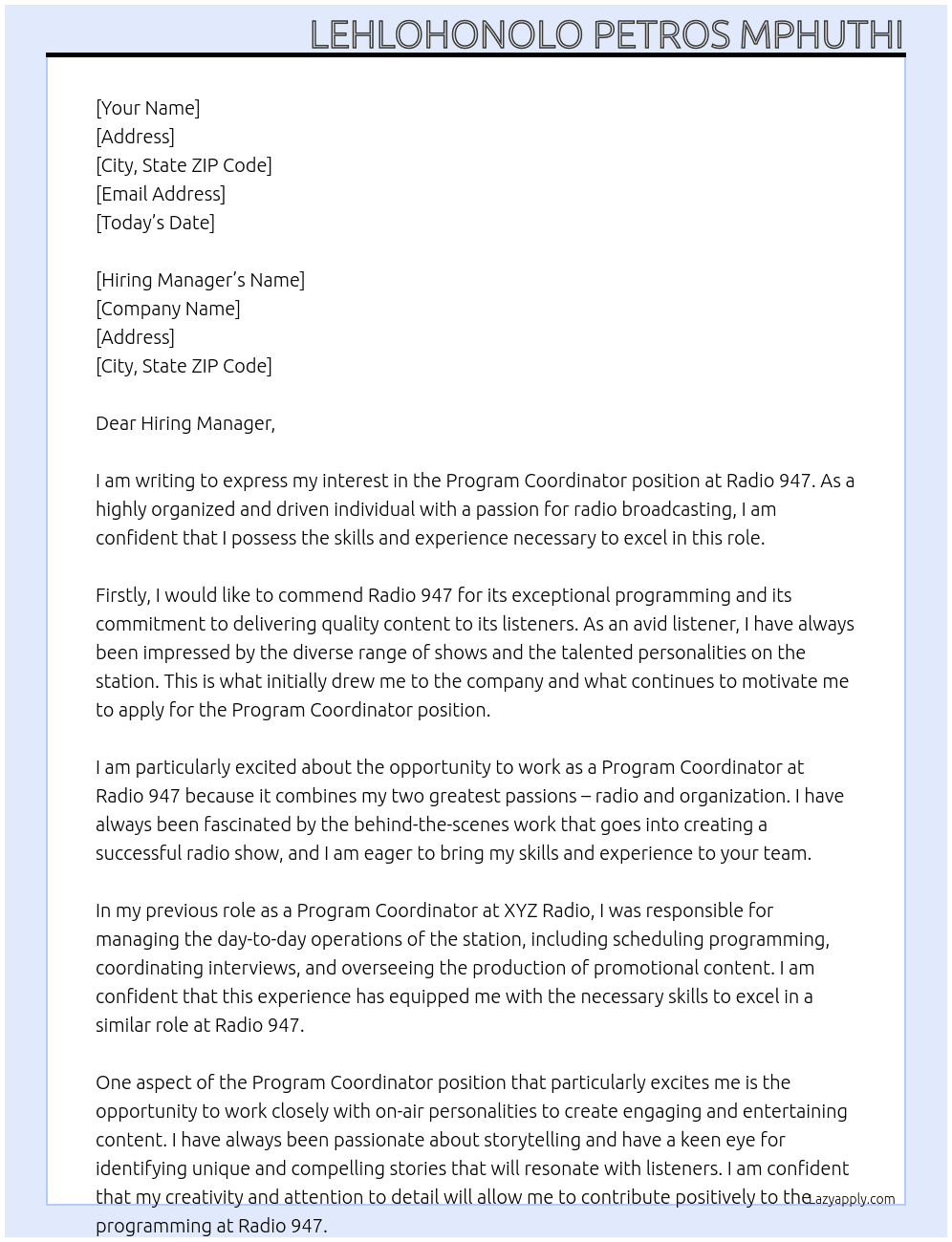 Program Coordinator  At Radio 947  Cover Letter