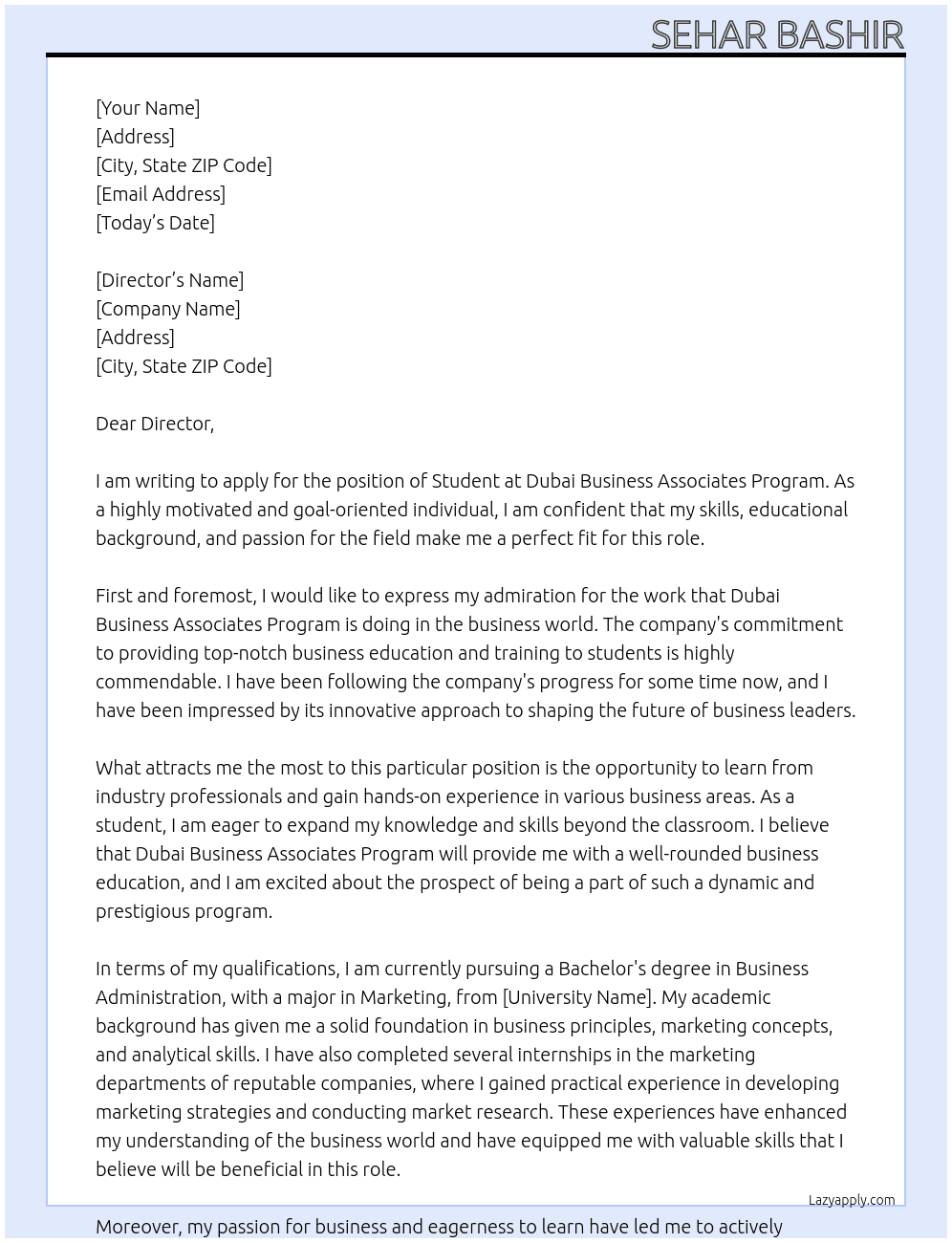 Student  At Dubai Business Associates Program Cover Letter