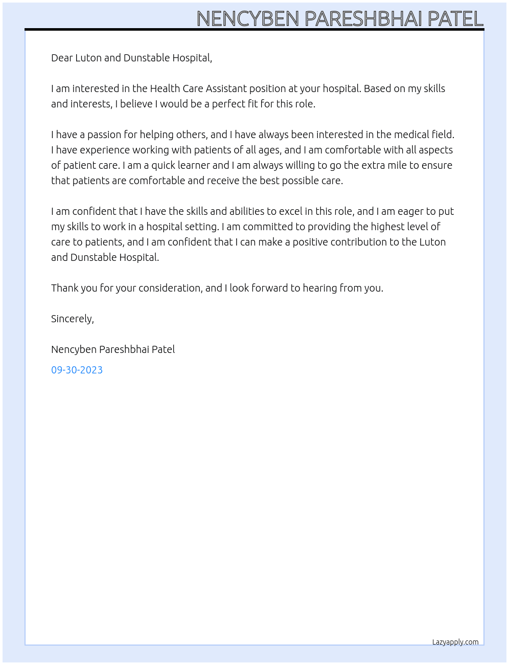 Health Care Assistant At Luton and dunstable hospital Cover Letter