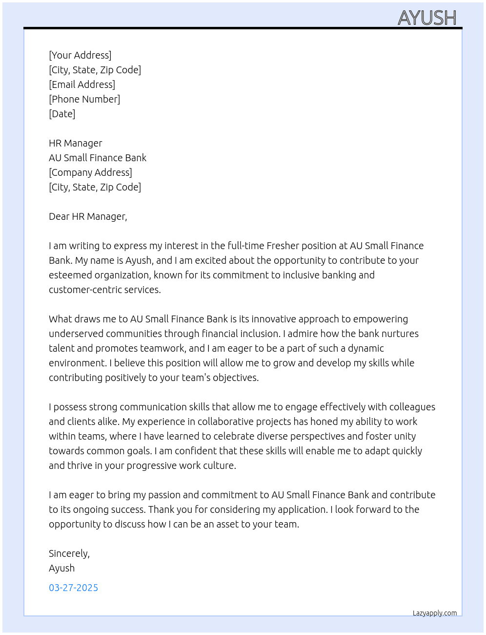 Fresher At AU SMALL FINANCE BANK  Cover Letter