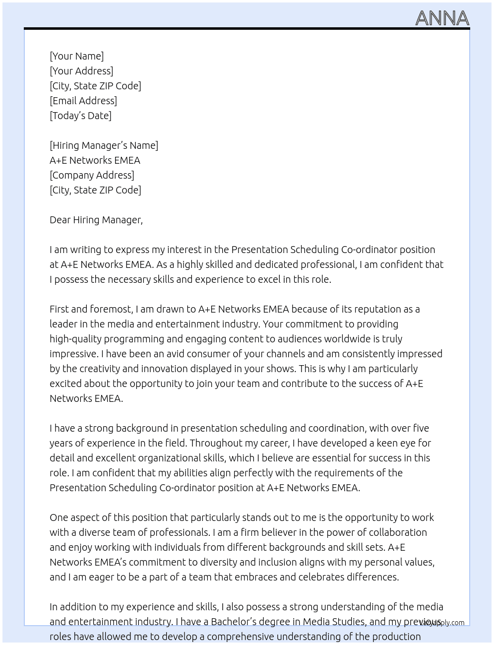 Presentation Scheduling Co-ordinator At A+E Networks EMEA Cover Letter