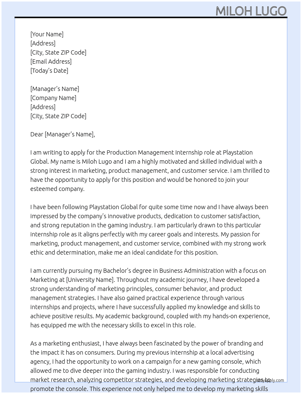 Production Management Internship At Playstation Global Cover Letter
