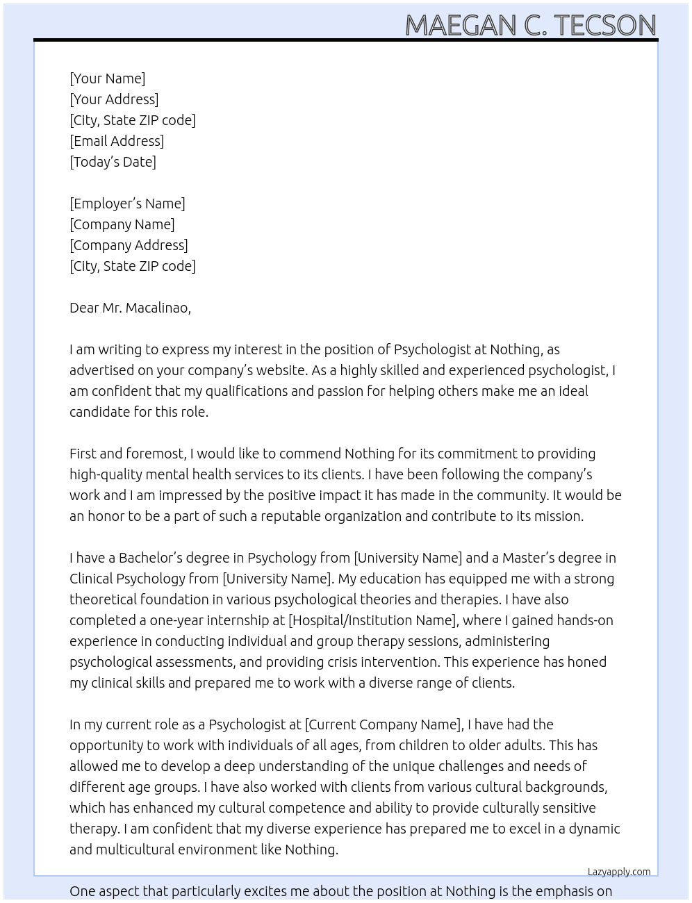 Psychologist At Nothing Cover Letter