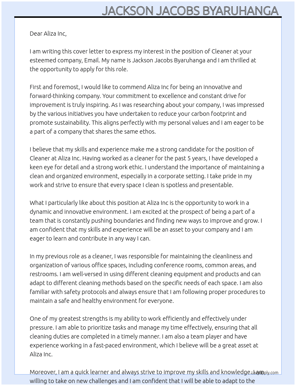 Cleaner  At Email  Cover Letter