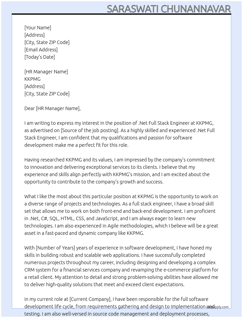 .Net Full Stack Engineer At KKPMG Cover Letter