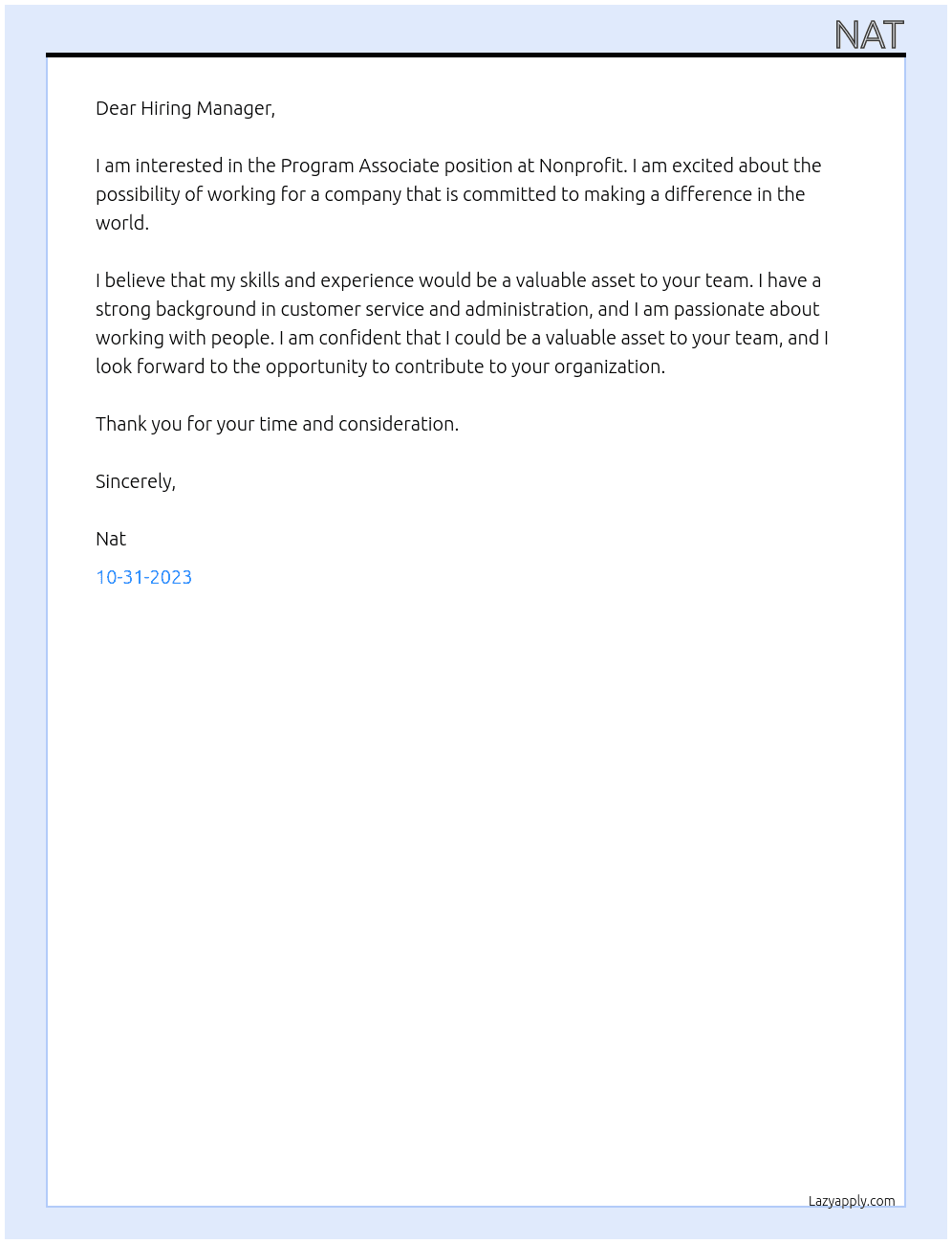 Program Associate At Nonprofit Cover Letter