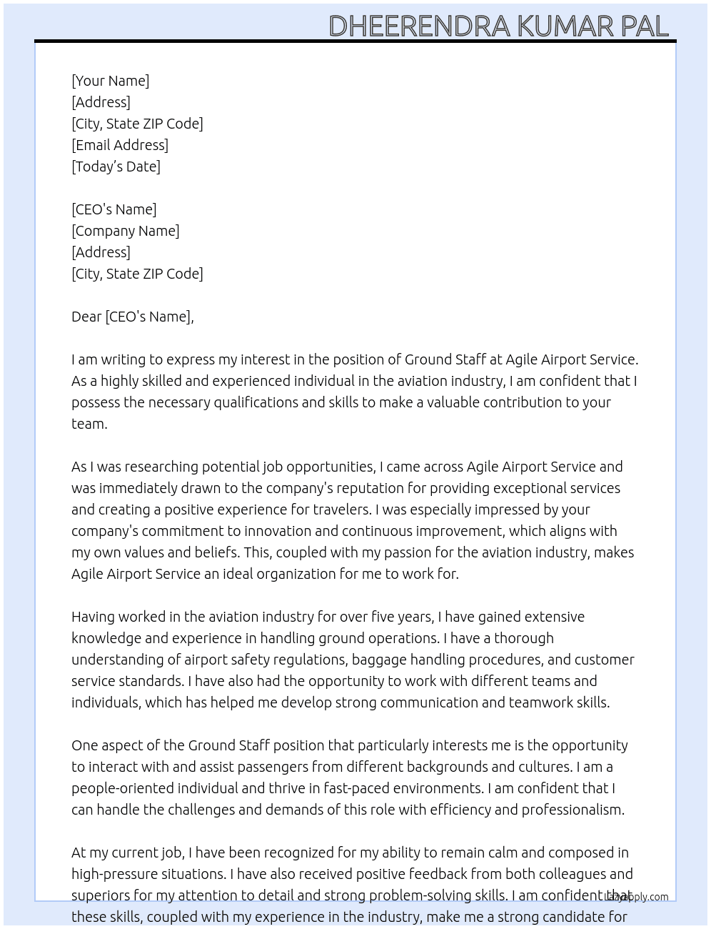 Ground staff At  Agile Airport service Cover Letter