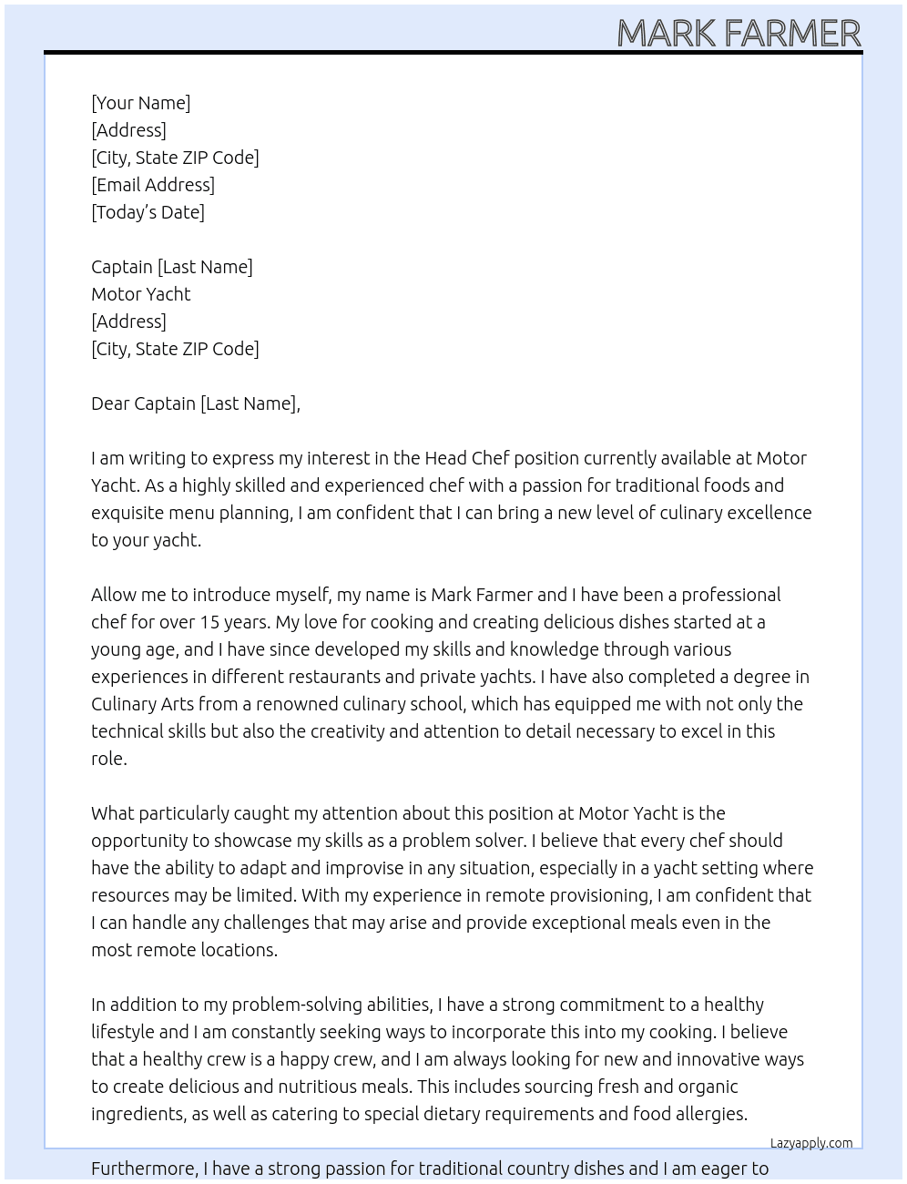 Head Chef  At Motor Yacht Cover Letter