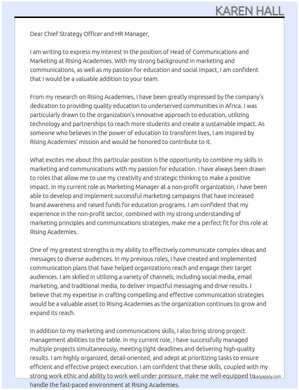 Head of communications and marketing At Rising Academies Cover Letter