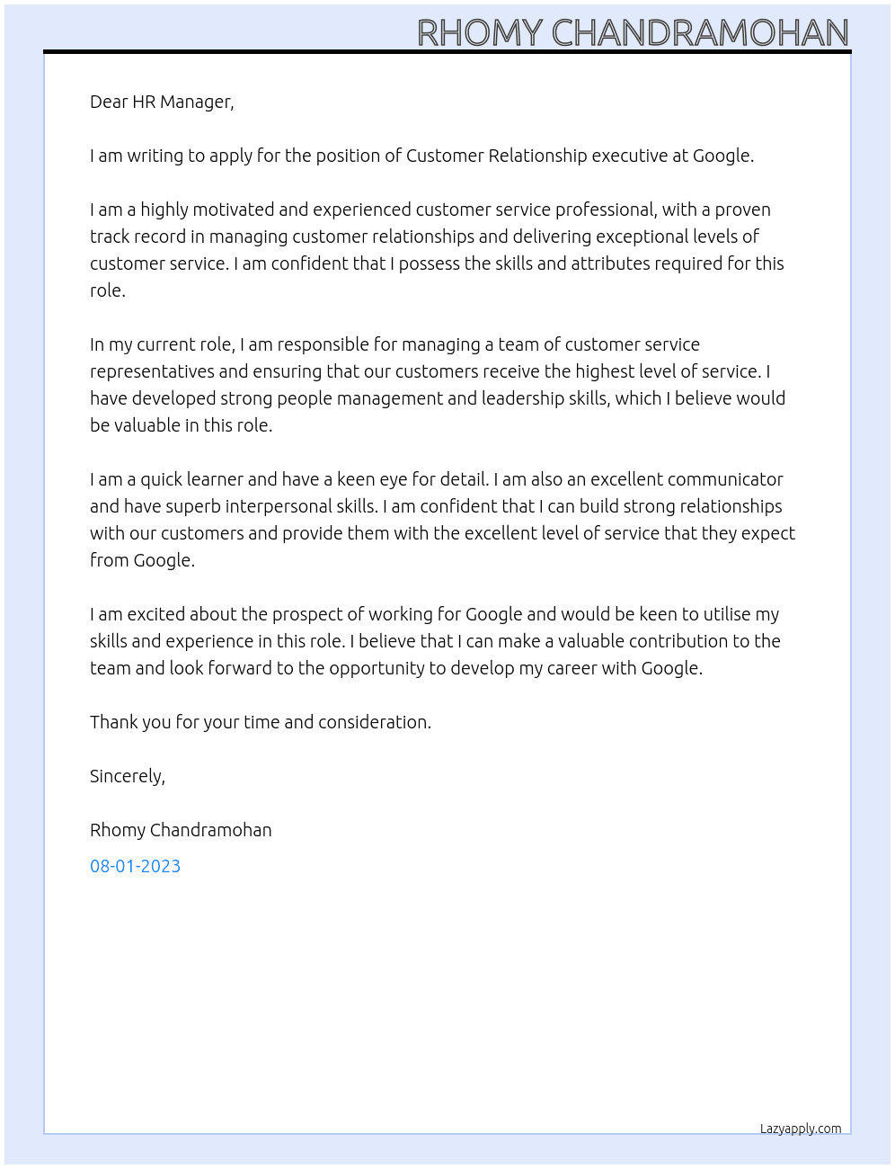 Customer Relationship executive At Google Cover Letter