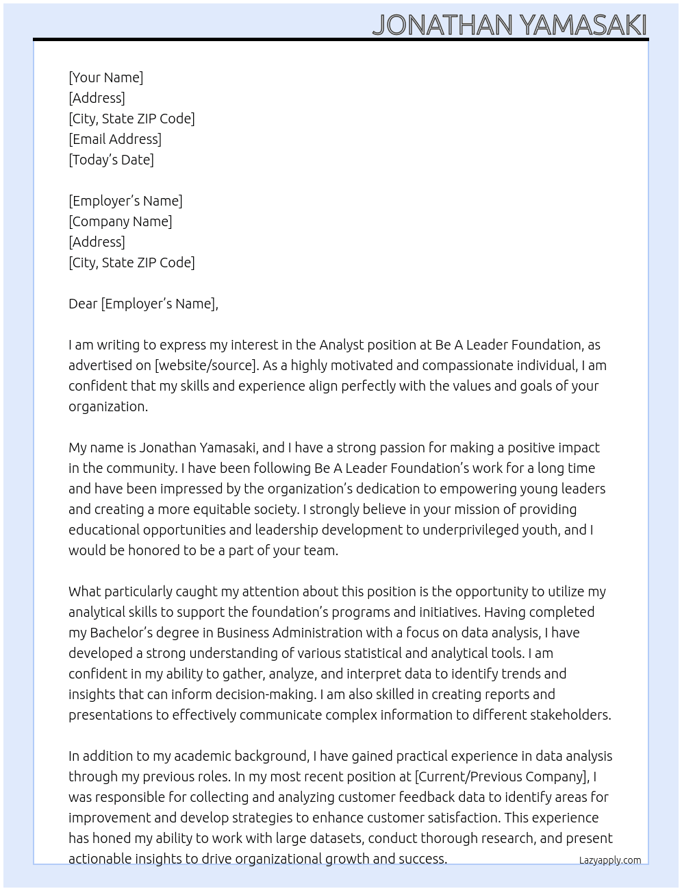 Analyst  At Be A Leader Foundation Cover Letter