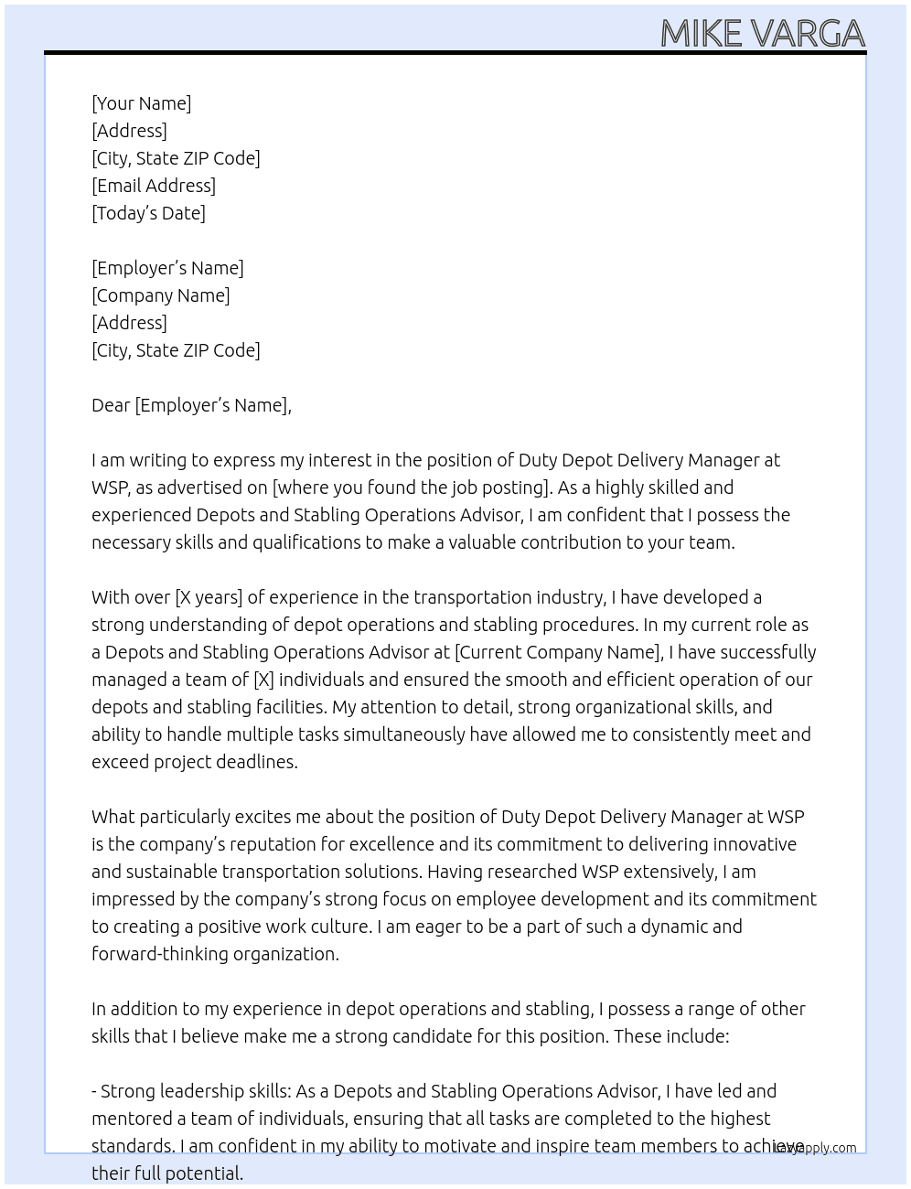Cover letter for duty depot delivery manager - LazyApply