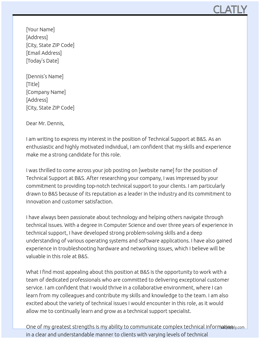 Technical Support At B&S Cover Letter