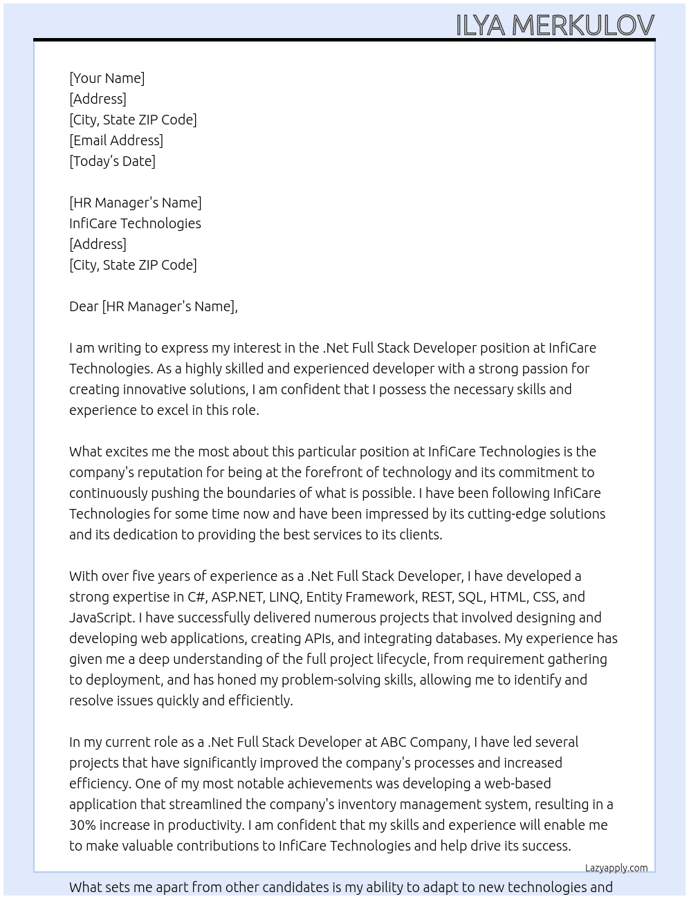 .Net Full Stack Developer  At InfiCare Technologies Cover Letter