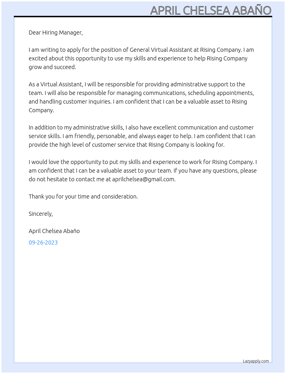 General Virtual Assistance At Rising Company Cover Letter