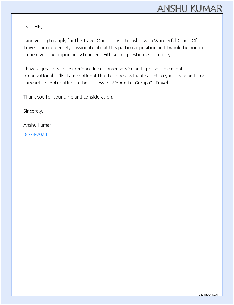 Travel Operations internship At Wonderful Group Of Travel Cover Letter