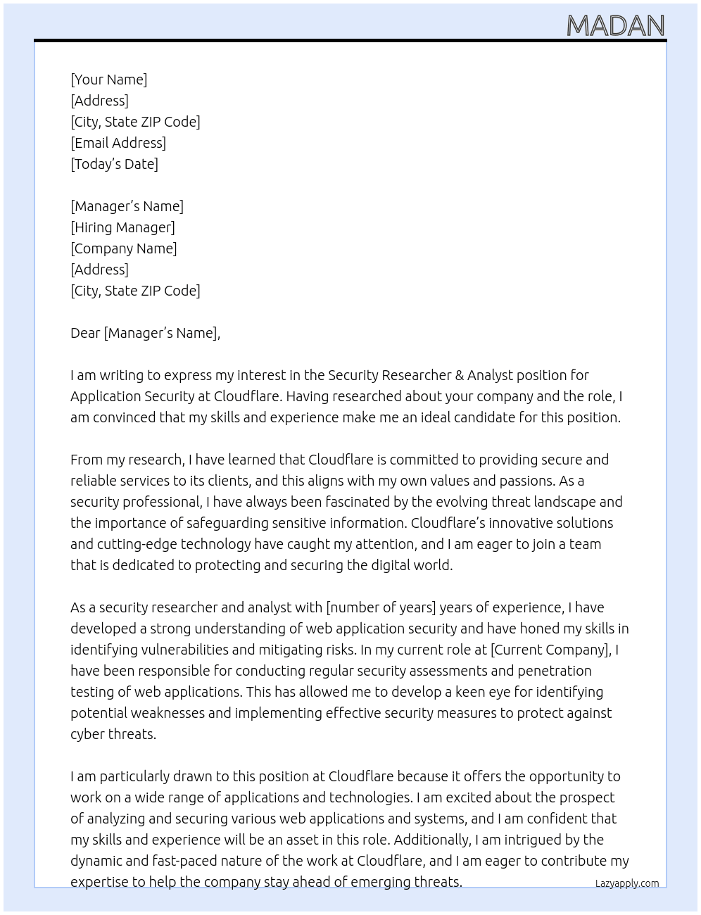 Security researcher & Analyst, application security At Cloudflare Cover Letter
