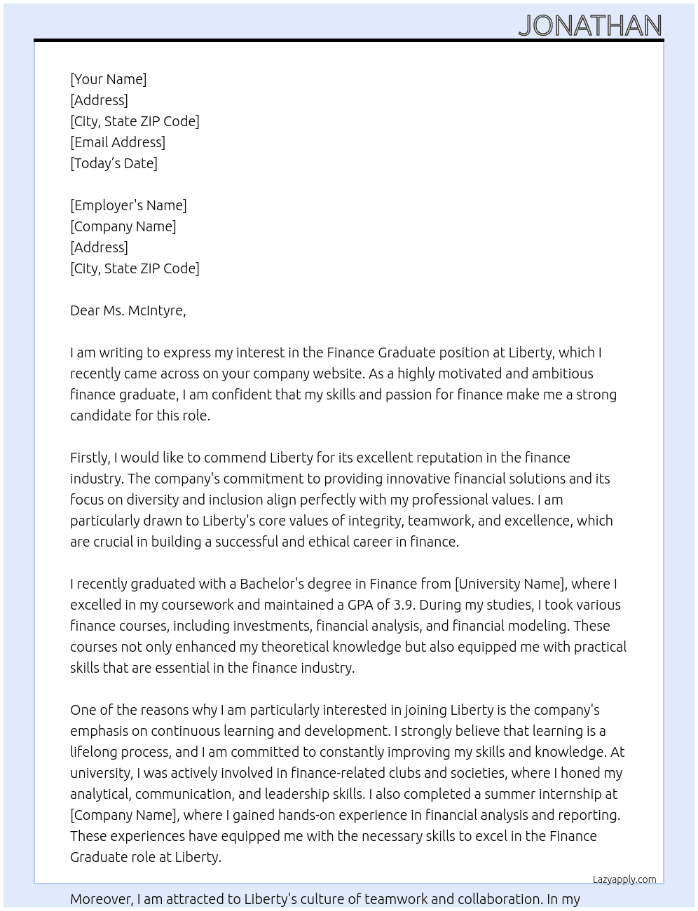 Finance Graduate At Liberty Cover Letter
