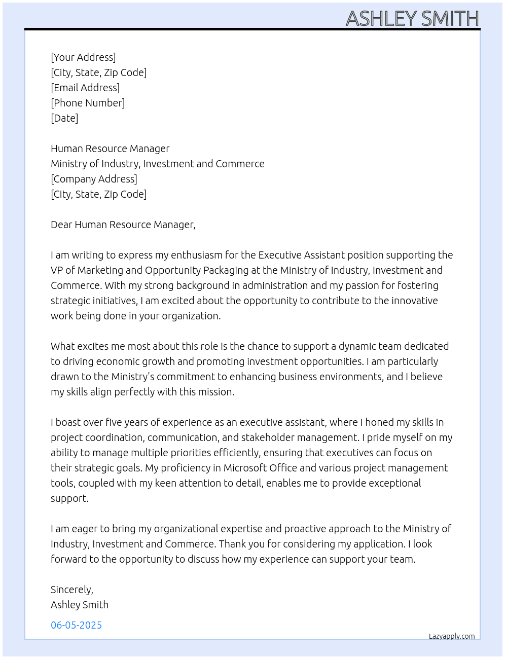 Cover letter for executive assistant - vp marketing and opportunity packaging - LazyApply