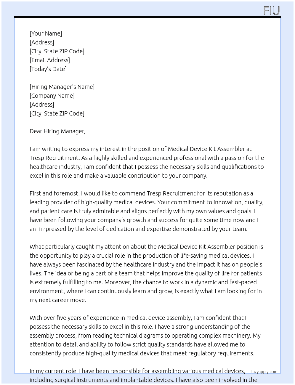 Medical Device Kit Assembler At Tresp Recruitment Cover Letter