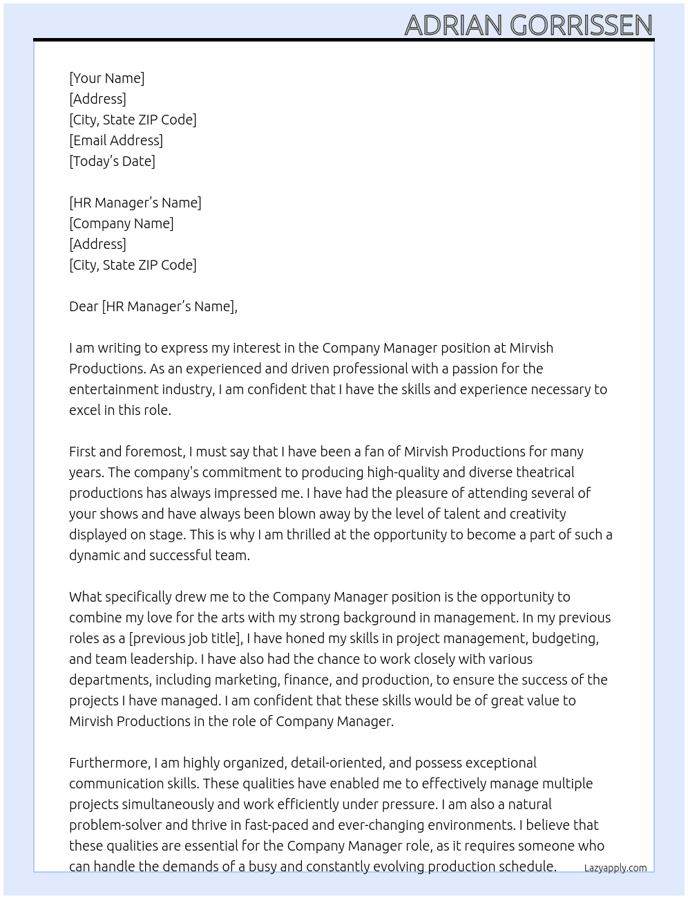 Company Manager At Mirvish Productions Cover Letter