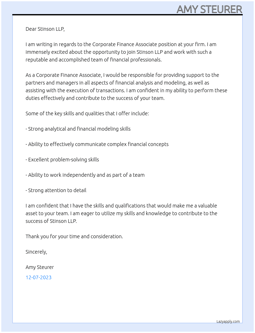 Corporate Finance Associate At Stinson LLP Cover Letter
