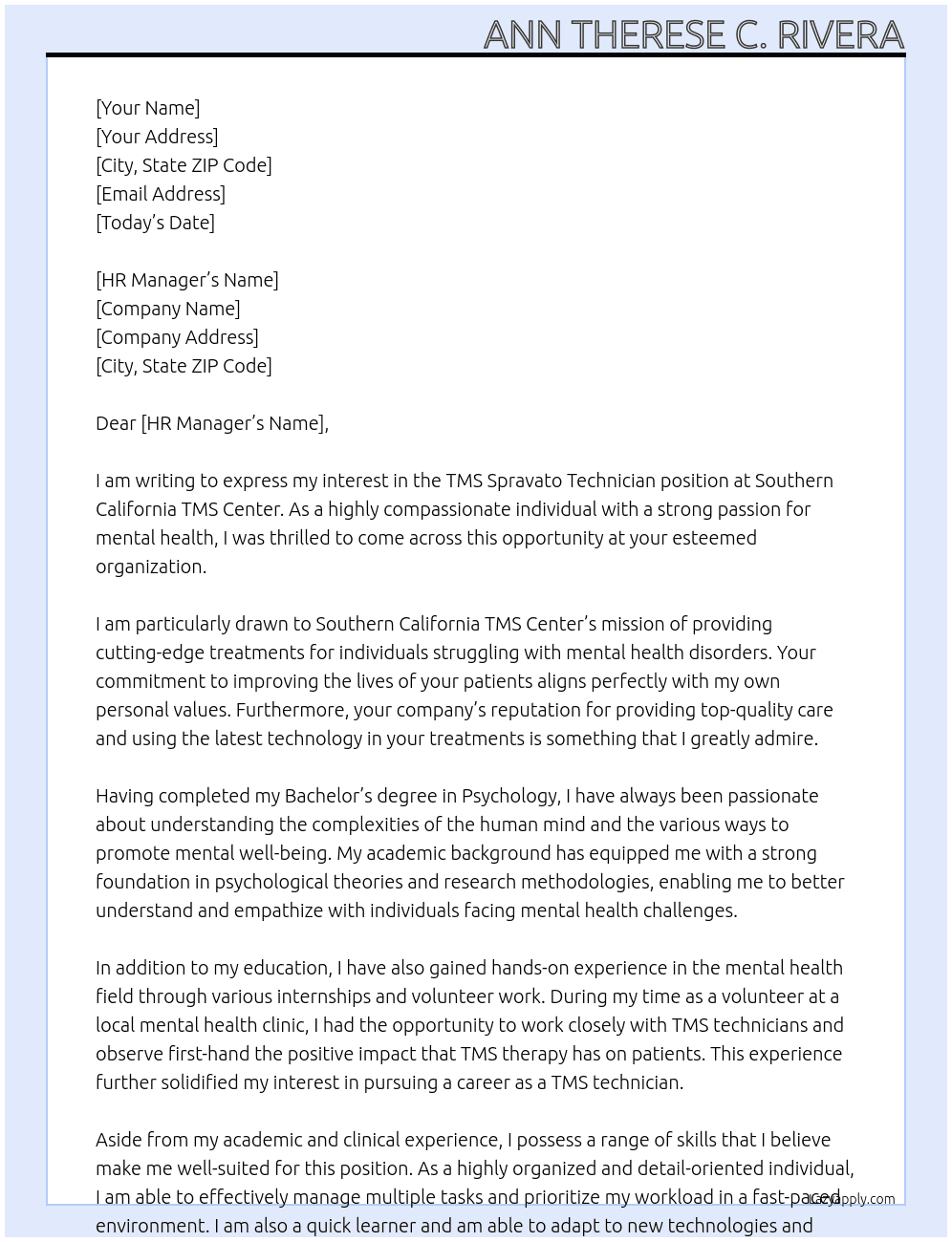 TMS Spravato Technician At Southern California TMS Center Cover Letter