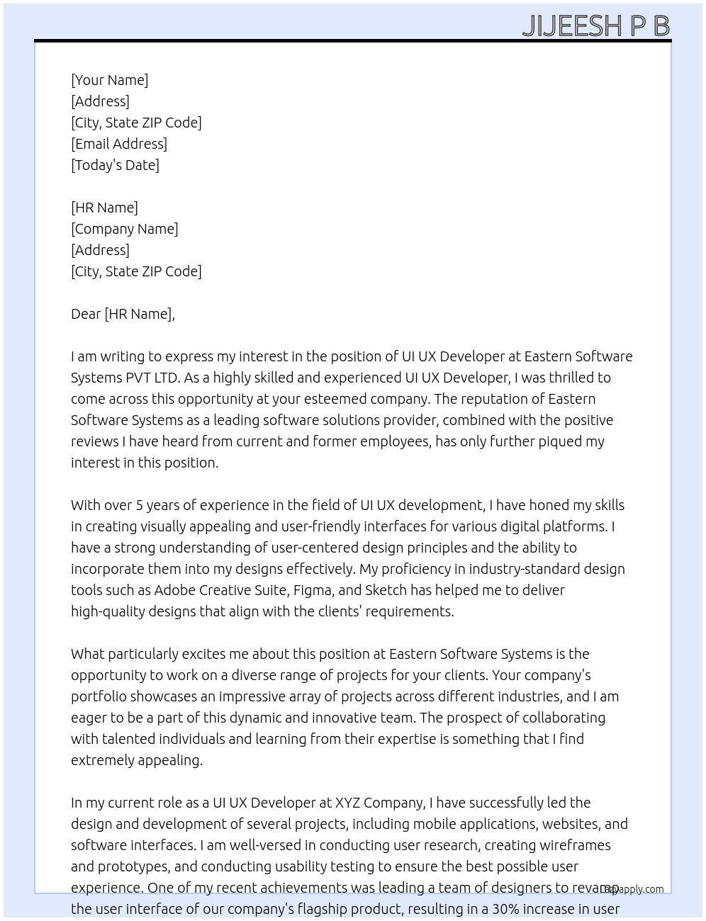 UI UX Developer At Eastern Software Systems PVT LTD Cover Letter