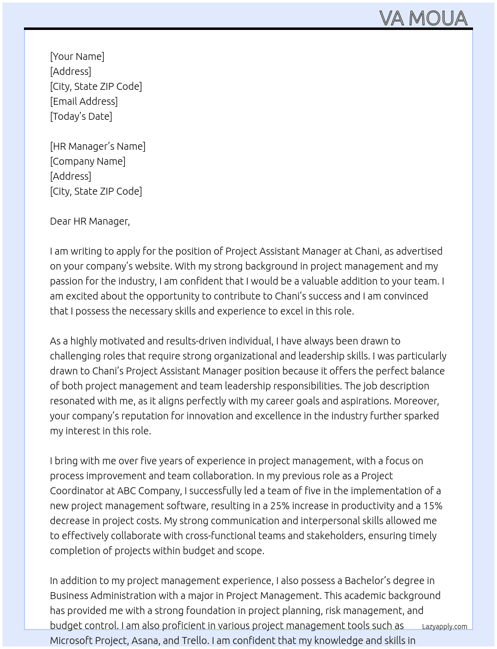 Project Assistant Manager  At Chani Cover Letter