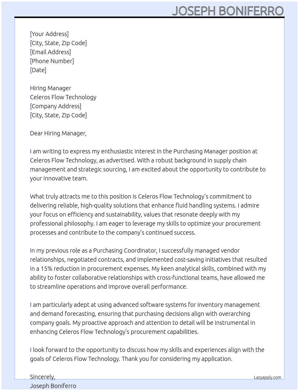 Purchasing Manager At Celeros Flow Technology Cover Letter