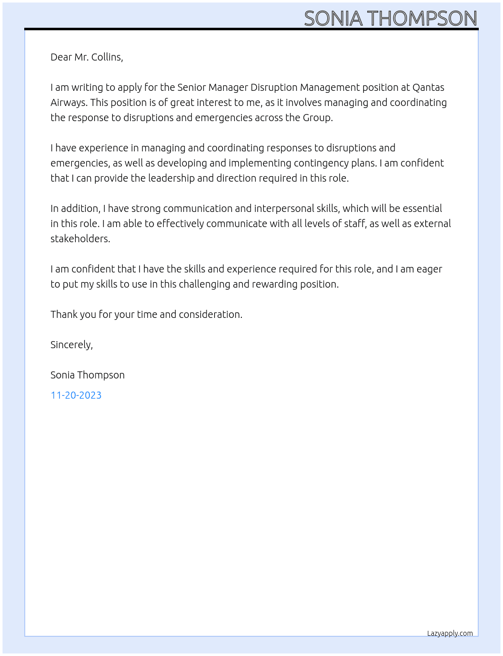 Senior Manager Disruption Management, Group At Qantas Airways Cover Letter